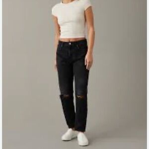 American Eagle Mom Jeans Black Distressed High Rise Straight Leg Y2K 90s
